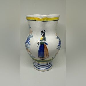 Vintage Quimper Pitcher HB HenRiot Breton Woman France 6 1/4” water Jug